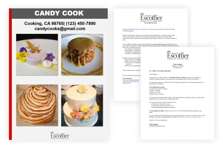 A collage showing samples of items that could be included in an Escoffier Customized Marketing Portfolio, including a student portfolio page featuring four photos of beautifully plated desserts and cakes. To the right are overlapping sample documents, including an Externship Fact Sheet and a student's Letter of Interest.