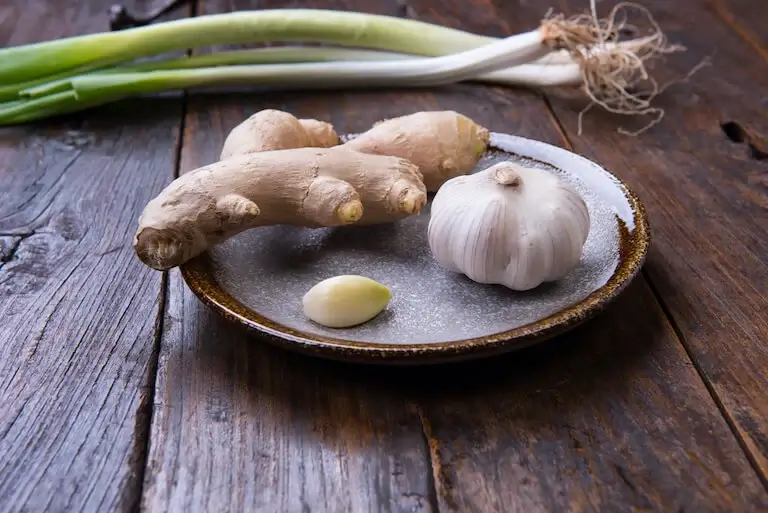 fresh ginger root, garlic, and scallions on a plate used for Chinese aromatics