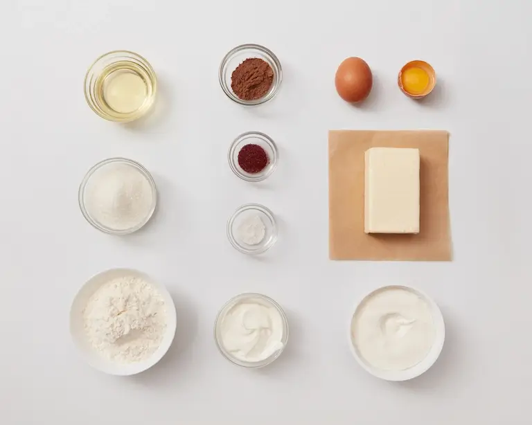 Baking ingredients arranged in bowls on a white surface, including flour, sugar, butter, eggs, cocoa, and cream.