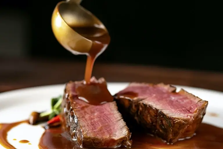 Rich demi-glace being spooned onto a grilled steak on a white plate.