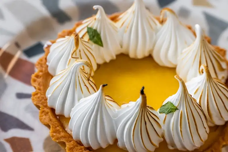 Lemon meringue tart with bright yellow filling, a golden pastry crust, and piped meringue peaks lightly browned with a torch.