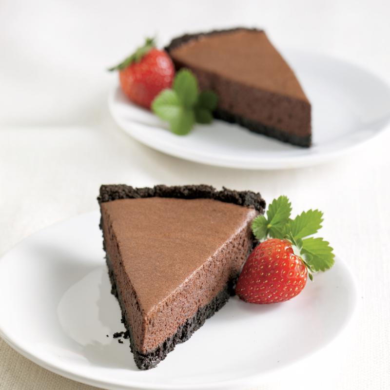 Chocolate cookie crust pie with chocolate cream filling.