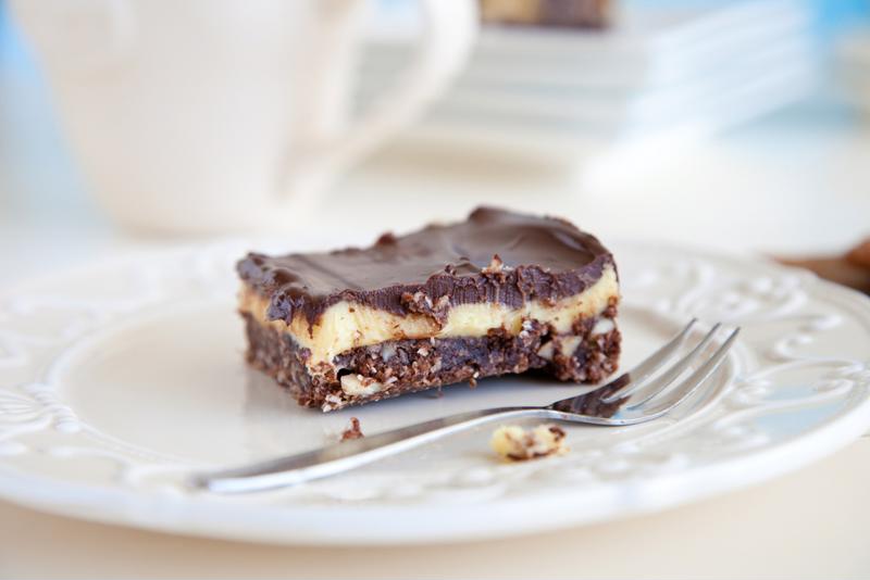 The traditional Nanaimo bar sandwiches a sweet custard between a graham, coconut base and a chocolate ganache top.