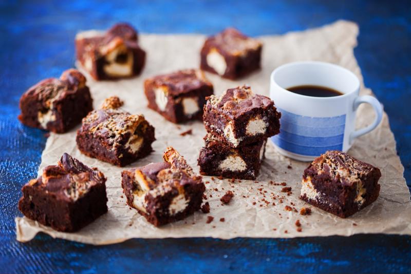 A close-up of a baked treat including tahini.