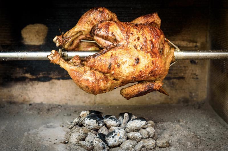 The slow rotation helps cook the bird evenly in its own juices.